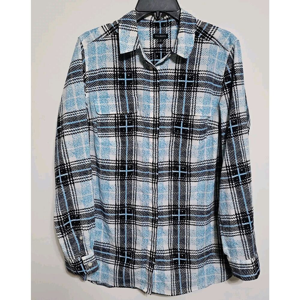 Talbot Long Sleeve Plaid Button Front Tunic Size M Turquoise Black